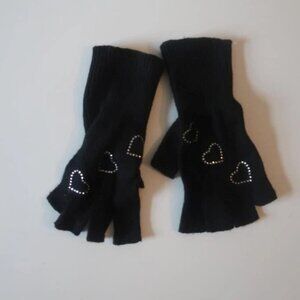 Womens Haute Shore Black Rhinestone Heart Design Fingerless Gloves *